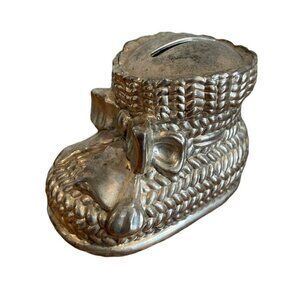 Vintage Leonard Baby Bootie Silver Plate Coin Bank, Leonard, Japan, 1980s